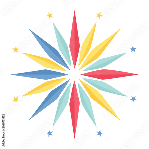 Colorful starburst with small stars on white background