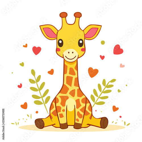 Cute cartoon giraffe with hearts and leaves
