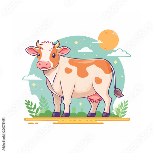 Cute cartoon cow illustration with sun and clouds