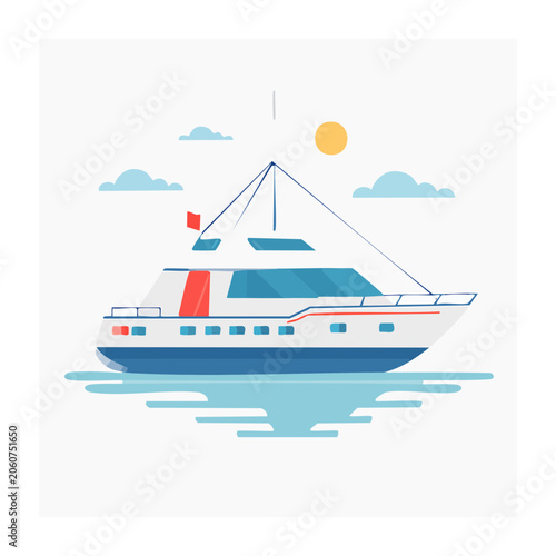 Flat design illustration of a yacht on water with clouds and sun