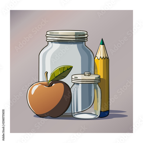 Flat Design Illustration of Glass Jar Apple and Pencil