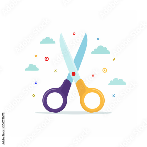 Flat design illustration of open scissors with clouds and shapes