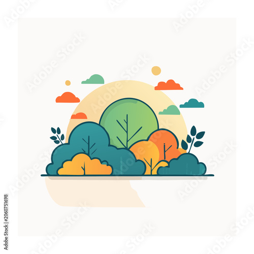 Flat design illustration of trees and clouds with sun