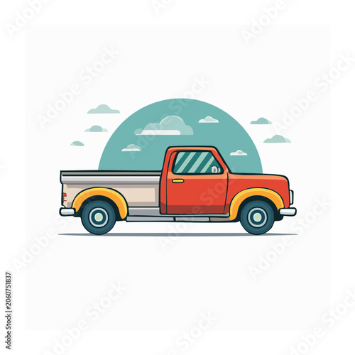 Retro pickup truck illustration with clouds and sky