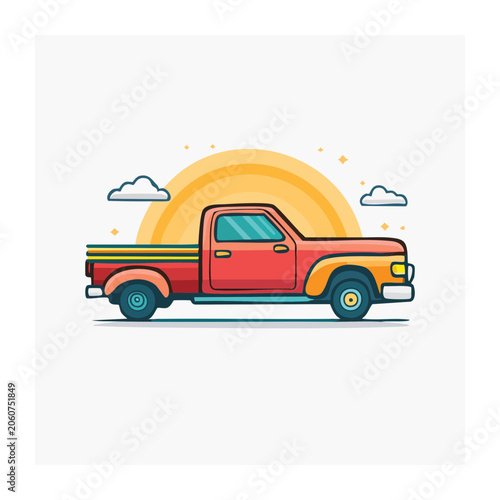 Retro pickup truck illustration with sun and clouds