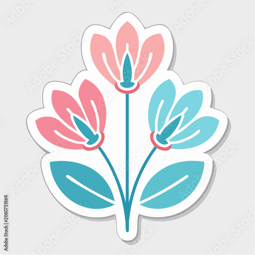 Stylized Floral Illustration with Pink and Blue Flowers