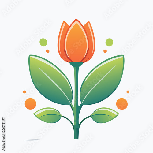 Stylized Orange Tulip Flower with Green Leaves and Dots