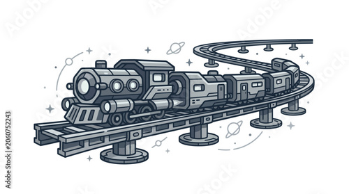 Foto Science fiction space train on orbital tracks linework art.