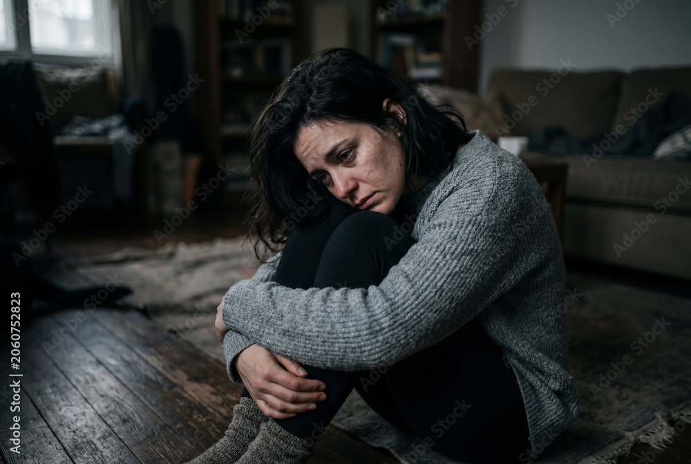 Obraz premium Depressed young woman sitting on the floor hugging her knees