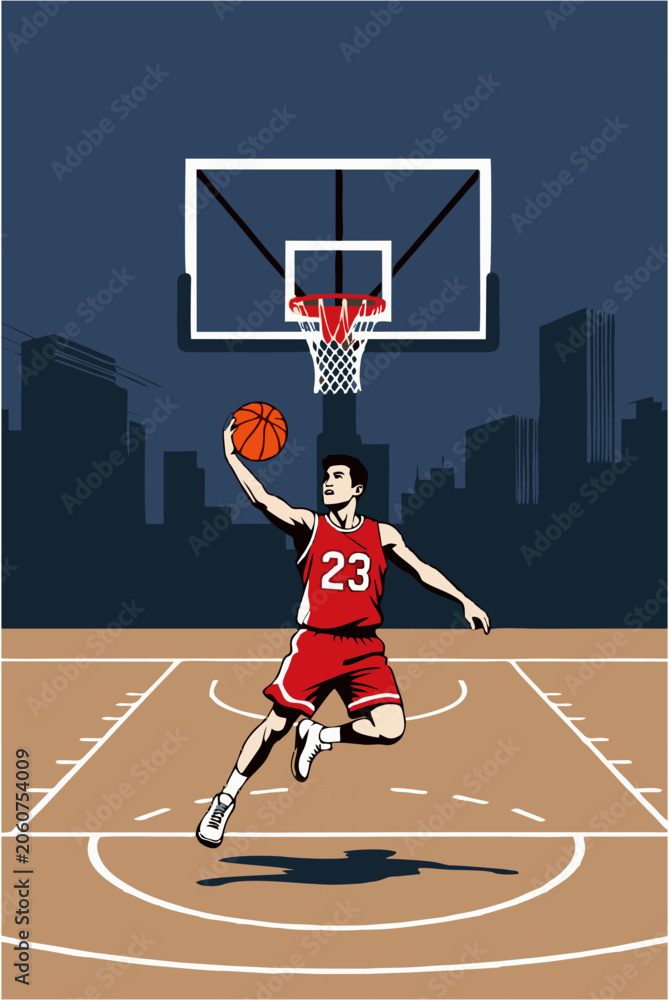 Fototapeta premium Basketball Player Slam Dunk Action Vector Illustration