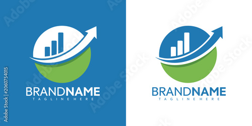 Fotografie Vector graphic illustration of business growth logo with bar chart and arrow on green and blue background for branding and marketing purposes with modern design elements and customizable tagline
