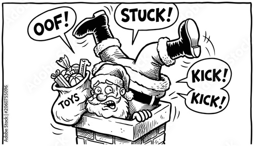 A comical cartoon illustration depicts Santa Claus humorously stuck in a chimney, struggling to deliver toys on Christmas Eve, a festive holiday mishap