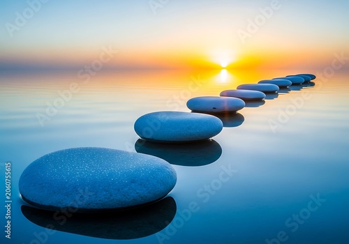 Zen stones in calm water at sunrise