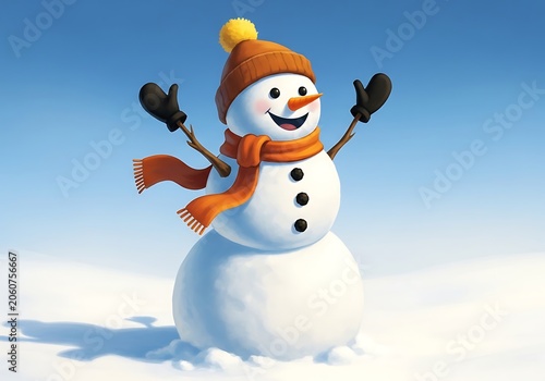 Cheerful snowman with orange scarf and hat in snowy landscape