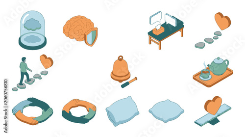 Collection of isometric icons representing concepts like mental health, well-being, and personal growth.