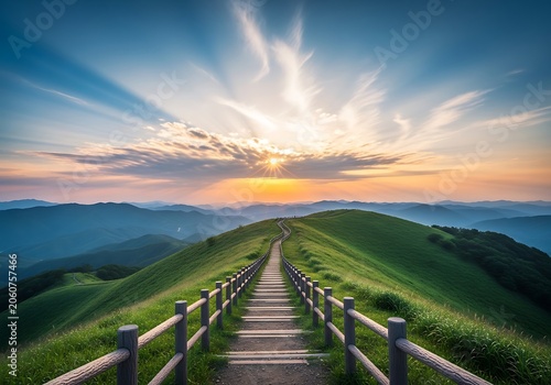 Scenic wooden pathway on a lush green mountain ridge at sunrise