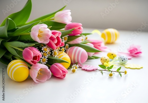 Easter bouquet with tulips and decorated eggs