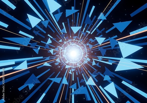 Abstract digital tunnel with blue triangles and light streaks
