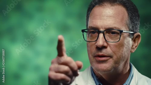 Mature doctor pointing finger in professional laboratory setting.