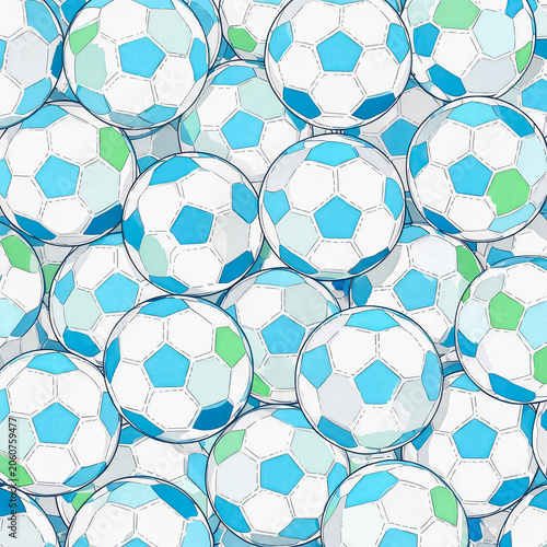 A dense overlapping arrangement of blue and green soccer balls, forming a decorative sports-themed seamless pattern.
