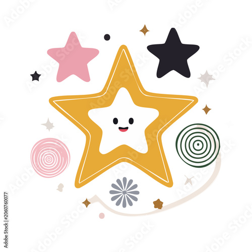 Cute cartoon star with happy face and surrounding shapes
