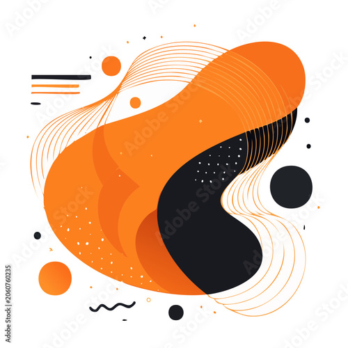 Modern abstract orange and black fluid shape with gold lines