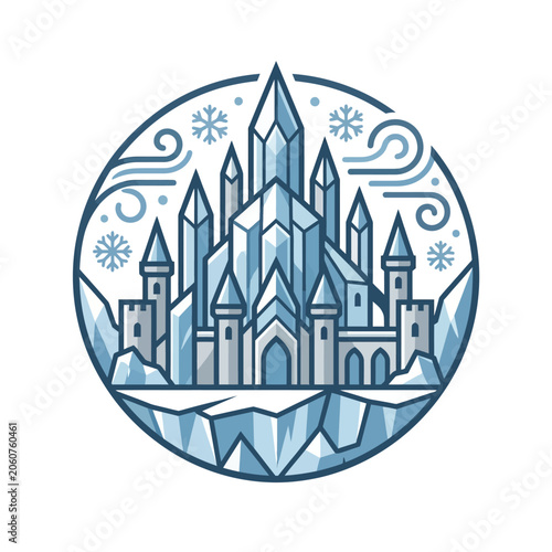 Circular emblem of ice castle with snowflakes