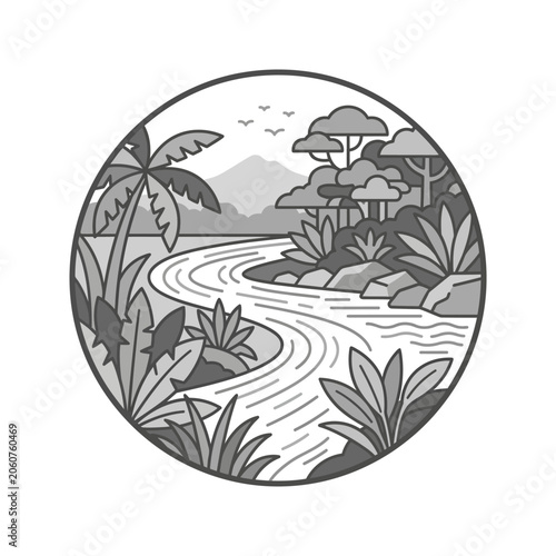 Tropical river landscape illustration in a circular frame.