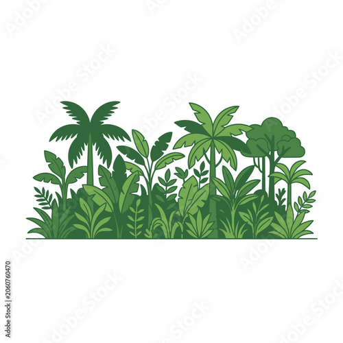 Lush green tropical jungle landscape with various palm leaves.