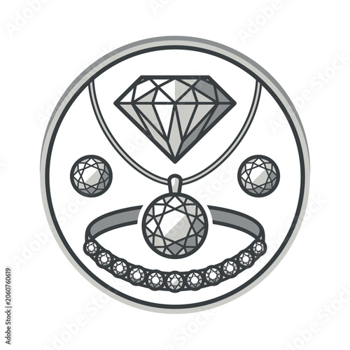 Circular emblem featuring diamonds and jewelry collection.