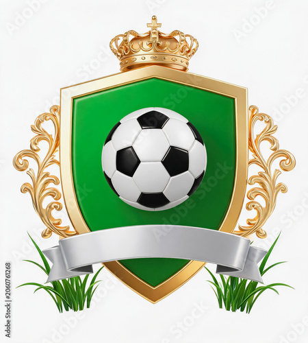 A heraldic sports emblem featuring a soccer ball, green shield, golden crown, and decorative elements on a plain background.