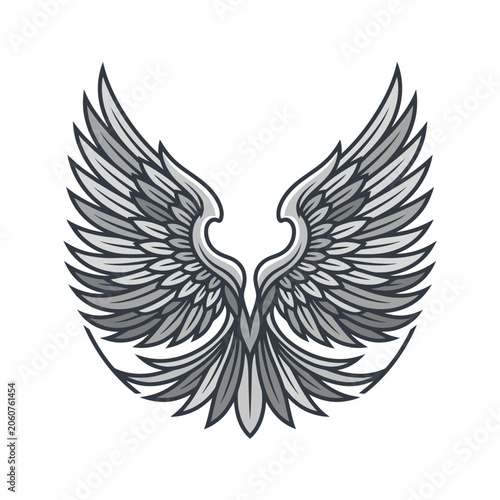 Detailed symmetrical wings emblem with intricate feathers.