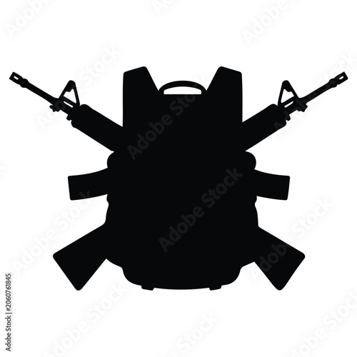 Obraz na płótnie Military backpack and crossed assault rifles emblem for combat and defense