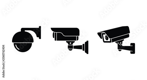 Foto Three Security Cameras In Black Silhouette Against A White Background camera cct