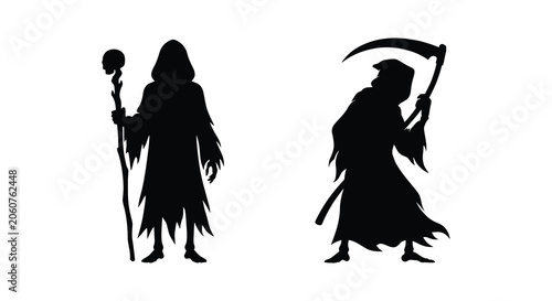 Fotografía Grim reaper figures with staff and scythe black silhouette against a white backg