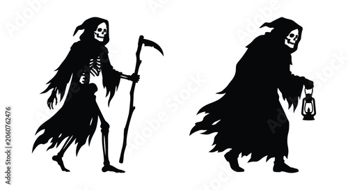 Schilderij op canvas Grim reaper figures with scythe and lantern dark monochrome silhouette death ske