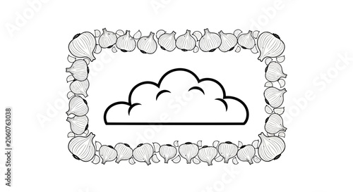 Whimsical cloud illustration framed by garlic bulbs, unique food art concept