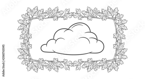 Whimsical Cloud Illustration with Ornate Leafy Border - Hand-drawn Style