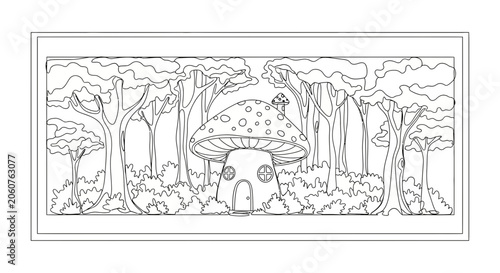 Whimsical Mushroom House in Enchanted Forest - Line Art Drawing