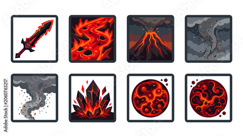 Fiery Fantasy Game Icons: Sword, Lava, Volcano, Tornado, Crystals, Planets