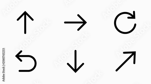 Set of Six Simple Arrow Icons: Up, Down, Left, Right, Reload, Back