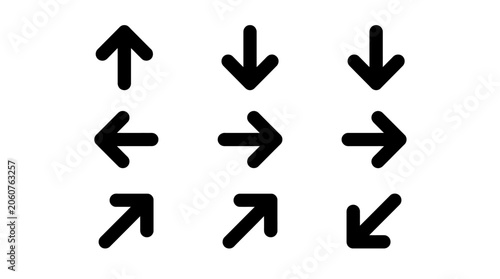 Set of nine black directional arrows on a white background