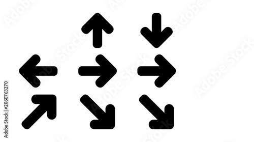Set of black arrows pointing in various directions on a white background