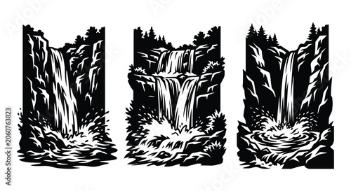 Φωτογραφία Three Waterfall Scenes In Black And White Silhouette waterfalls cascade cascades