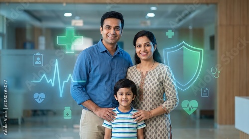 Indian Family Healthcare Concept: Floating Medical Holograms and Health Icons Over Smiling Family in Modern Hospital Lobby
