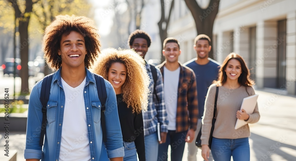 Fototapeta premium Group of diverse college students walking together on campus