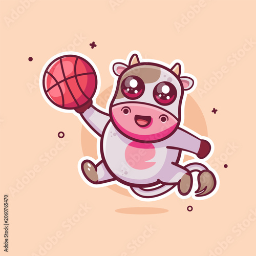 cheerful cow animal character mascot playing basketball isolated cartoon