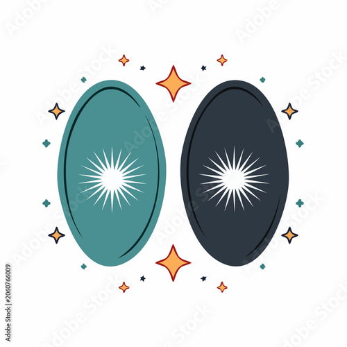 Two abstract oval shapes with starbursts and sparkles