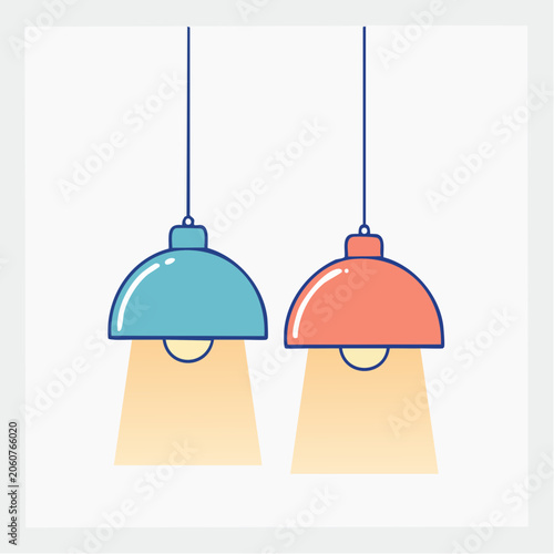 Two modern pendant lights, one blue and one red, casting warm light
