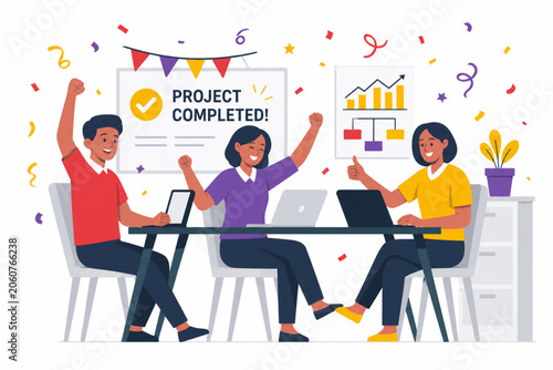 Foto Team celebrating project completion with confetti
